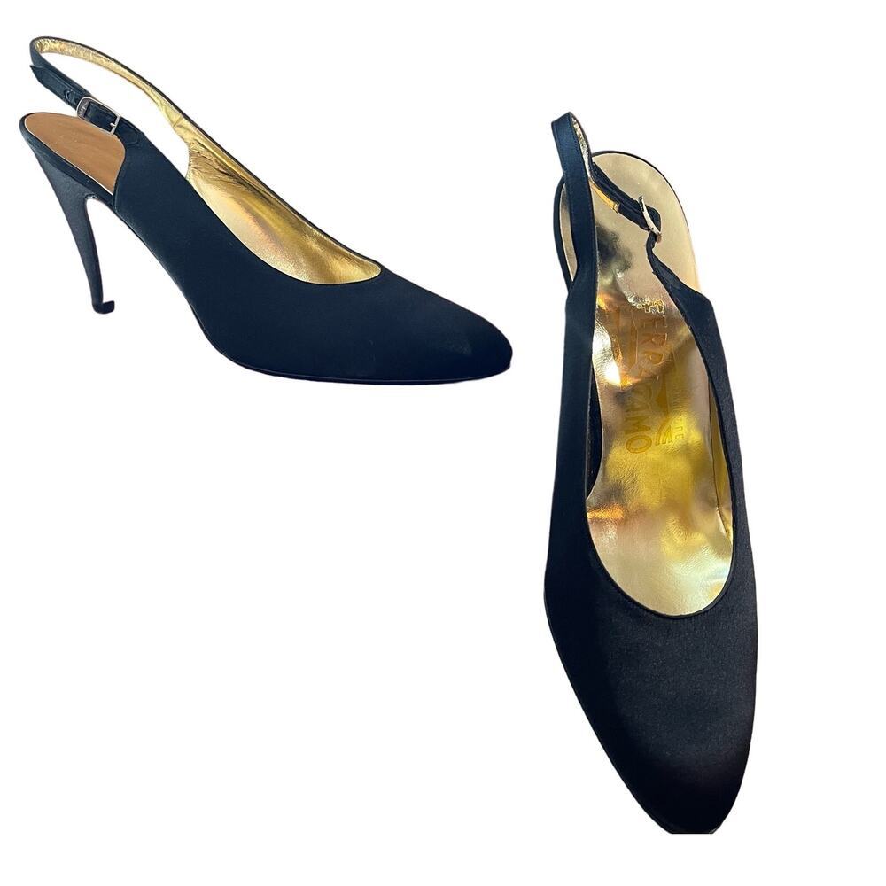 Salvatore Ferragamo Black Satin Leather Upper Sling Heel Pump Women's 9 1/2 AA